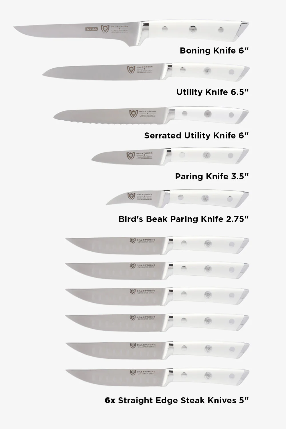 18-piece Colossal Knife Set with Block | White Handles | Gladiator Series | Knives NSF Certified | Dalstrong © - Image 6