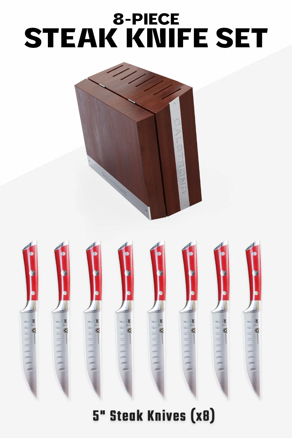 8-Piece Steak Knife Set | Red ABS Handles with Storage Block | Gladiator Series | Knives NSF Certified | Dalstrong © - Image 3